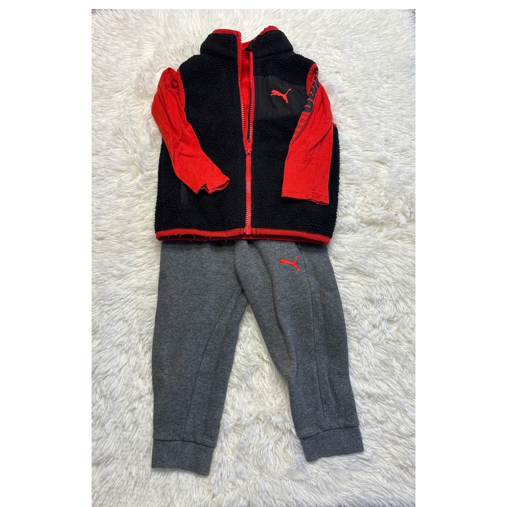 Puma Kids 3 Piece Set Sherpa Fleece Vest Red Long Sleeve Shirt Grey Joggers 3T